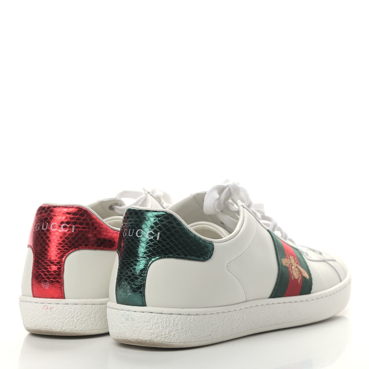 Gucci Calfskin Ayers Bee Embroidered Womens Ace Sneakers 37.5 White Green 4 of 16