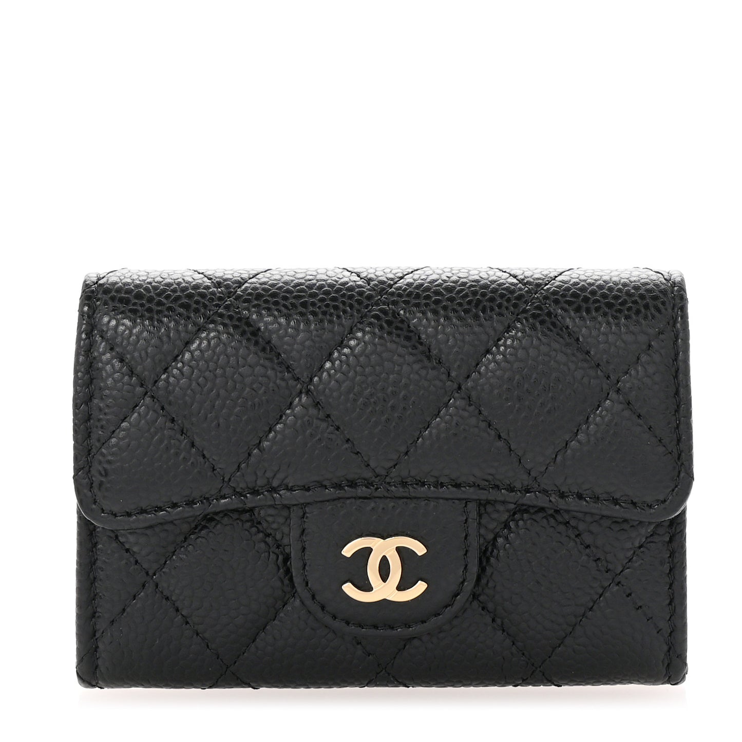 Caviar Quilted Flap Card Holder Wallet Black