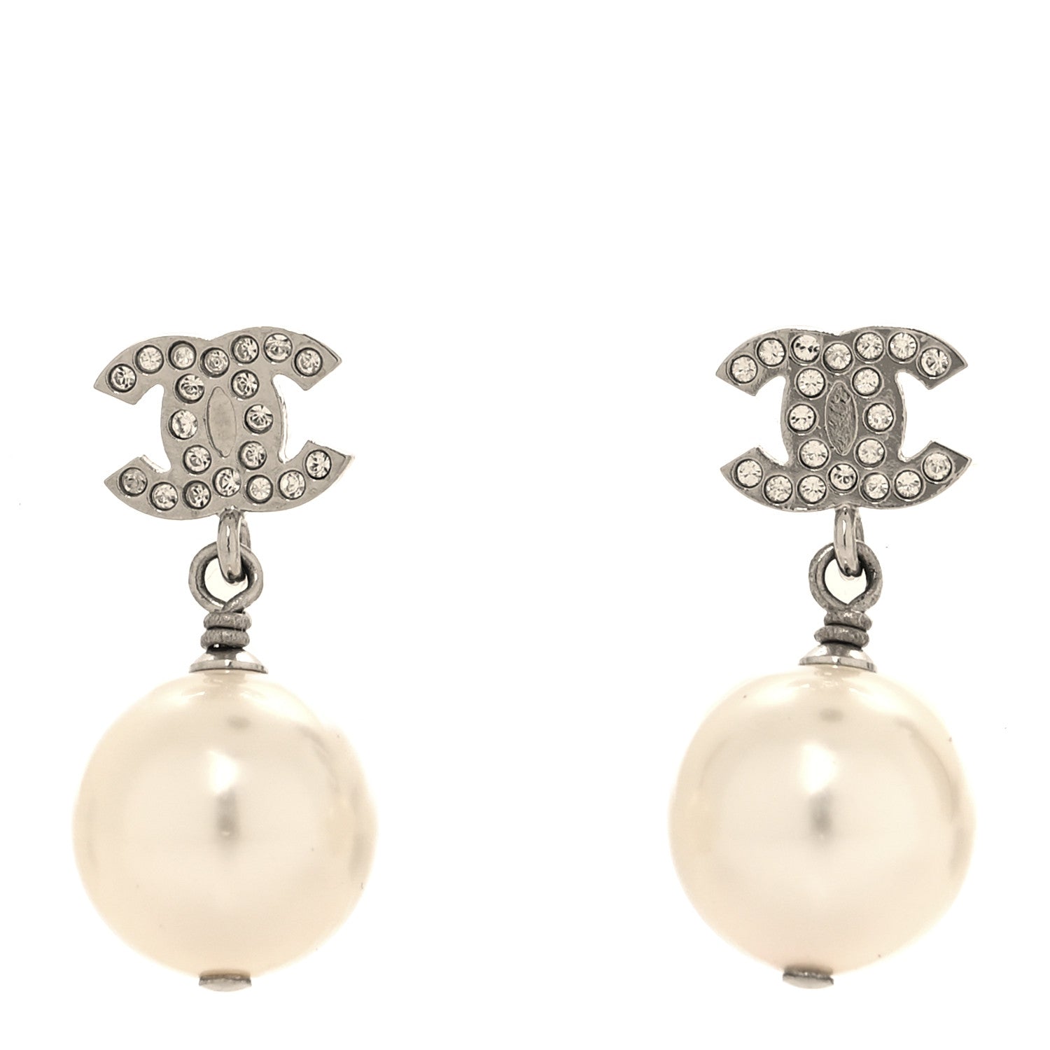 Chanel Crystal Pearl CC Drop Earrings Silver Pearly White 1 of 5