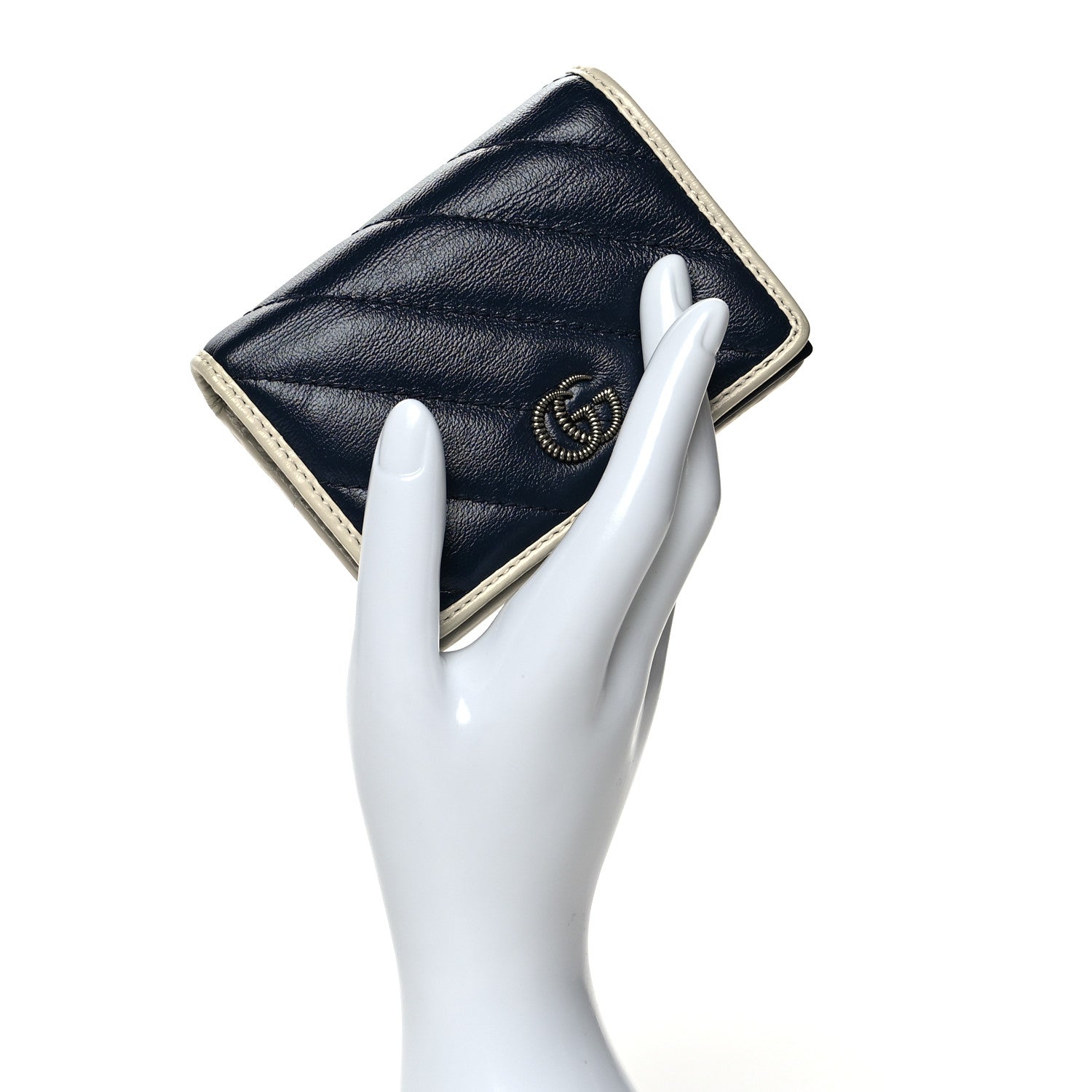 Gucci Vintage Effect Calfskin Matelasse Diagonal Torchon GG Marmont Card Case Wallet Blue Agata Mystic White 2 of 6