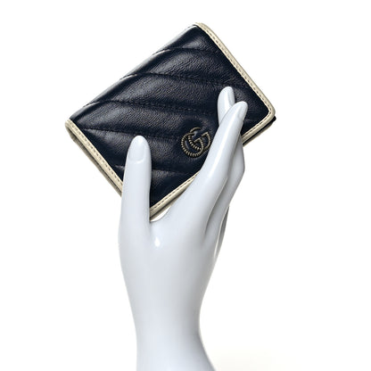Gucci Vintage Effect Calfskin Matelasse Diagonal Torchon GG Marmont Card Case Wallet Blue Agata Mystic White 2 of 6