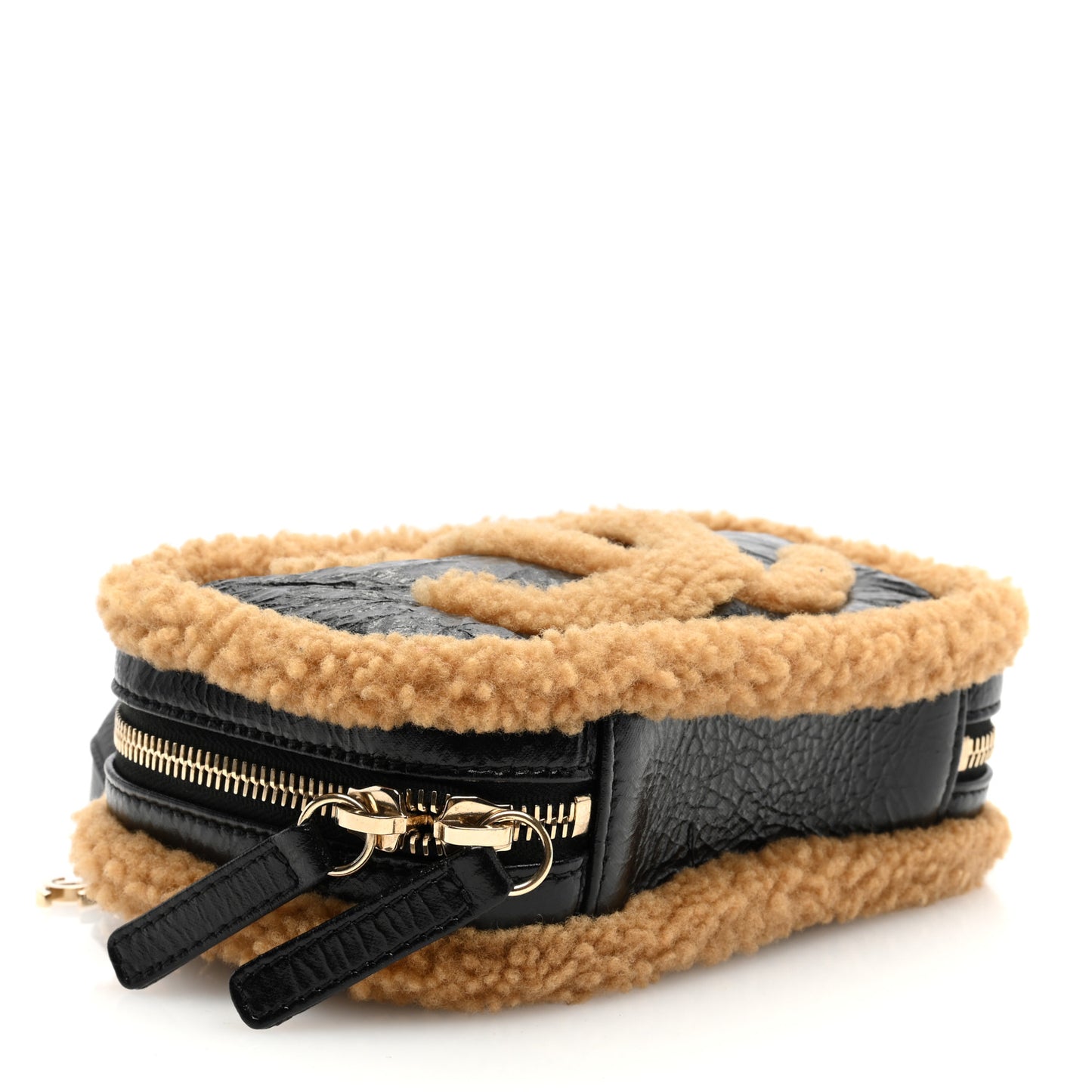 Shiny Crumpled Sheepskin Shearling CC Mania Waist Bag Black Light Brown