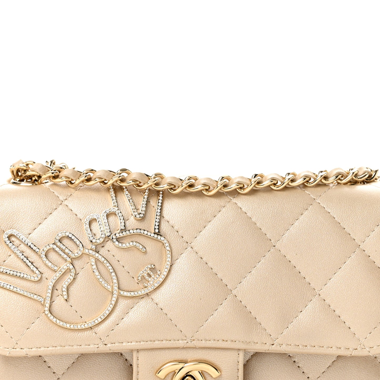 Metallic Lambskin Quilted Extra Mini V For Victory Flap Light Gold