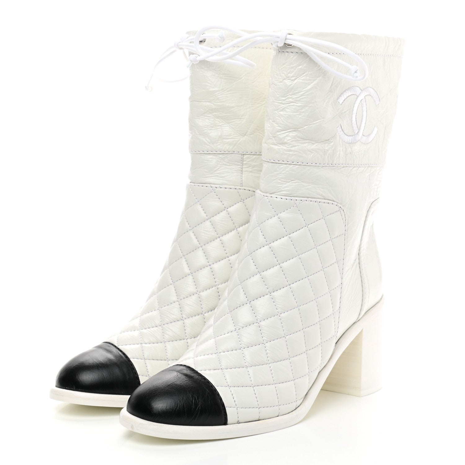 Chanel Crumpled Calfskin Quilted Cap Toe Short Boots 37.5 White Black 3 of 7