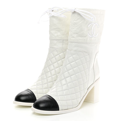 Chanel Crumpled Calfskin Quilted Cap Toe Short Boots 37.5 White Black 3 of 7