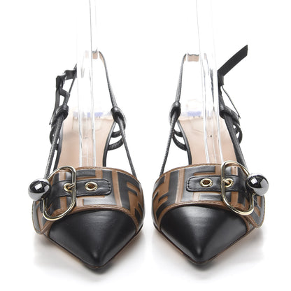 Fendi Vitello FF Embossed Pearland Decollete Aperta Slingback Pumps 37 Black Tobacco Moro 2 of 8