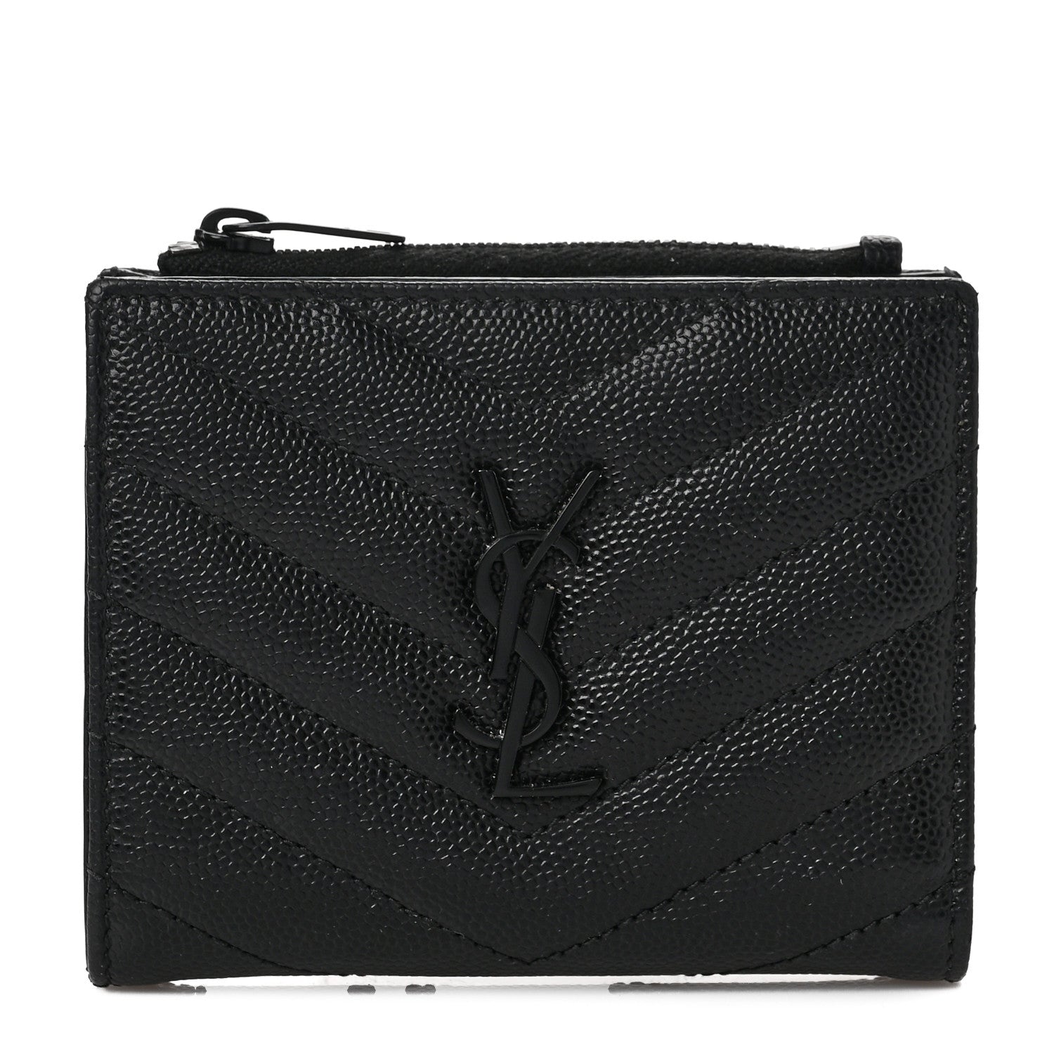 Saint Laurent Grain De Poudre Matelasse Chevron Monogram Zipped Card Case Black 1 of 6