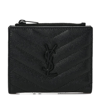 Saint Laurent Grain De Poudre Matelasse Chevron Monogram Zipped Card Case Black 1 of 6