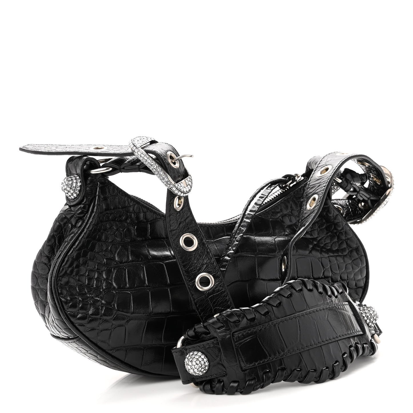 Extra Supple Calfskin Crystal Crocodile Embossed Le Cagole Shoulder Bag XS Black