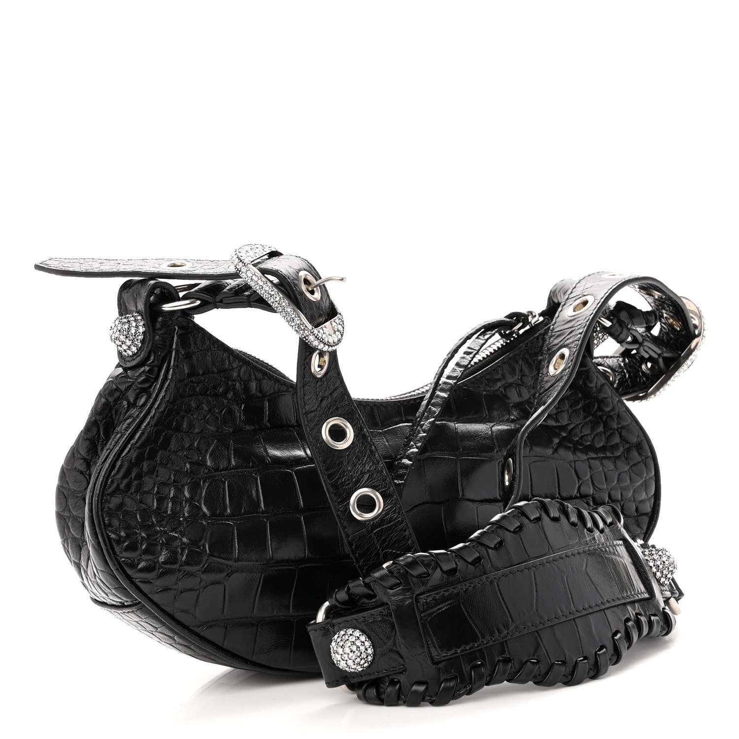 Balenciaga Extra Supple Calfskin Crystal Crocodile Embossed Le Cagole Shoulder Bag XS Black 2 of 8