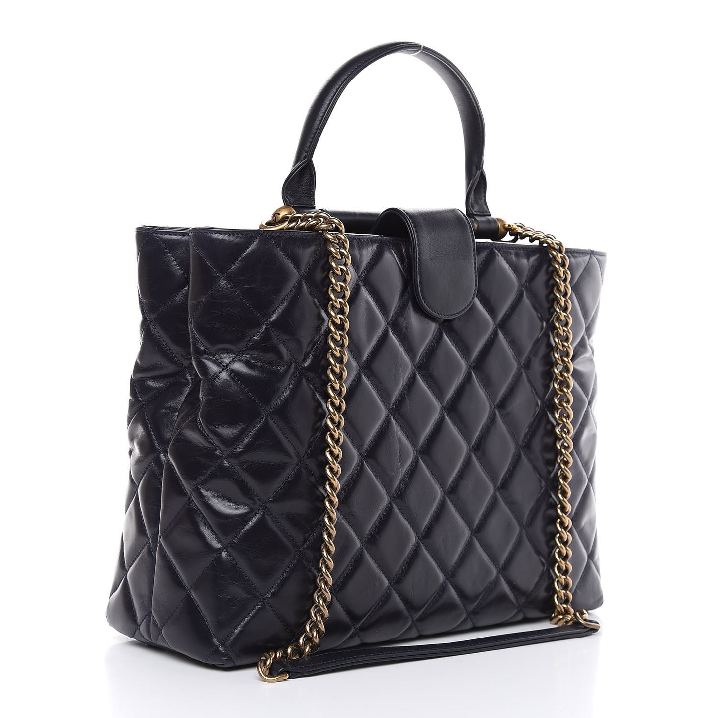 Calfskin Quilted Large Gold Bar Top Handle Tote Dark Navy Blue