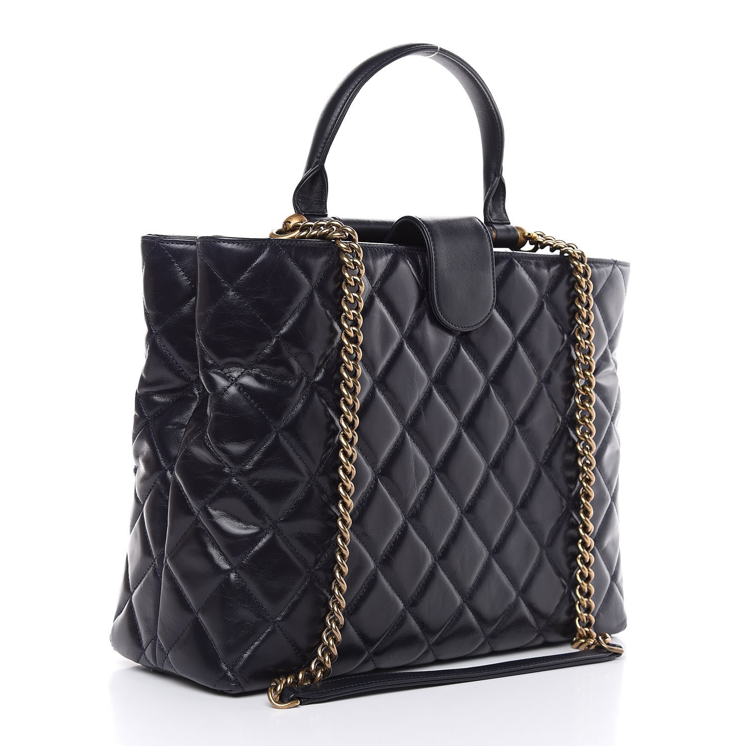 Chanel Calfskin Quilted Large Gold Bar Top Handle Tote Dark Navy Blue 3 of 15