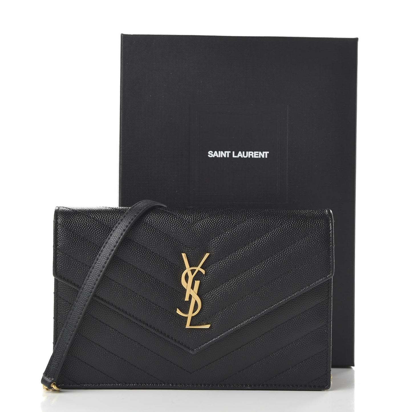 Grain De Poudre Matelasse Chevron Monogram Envelope Chain Wallet Black