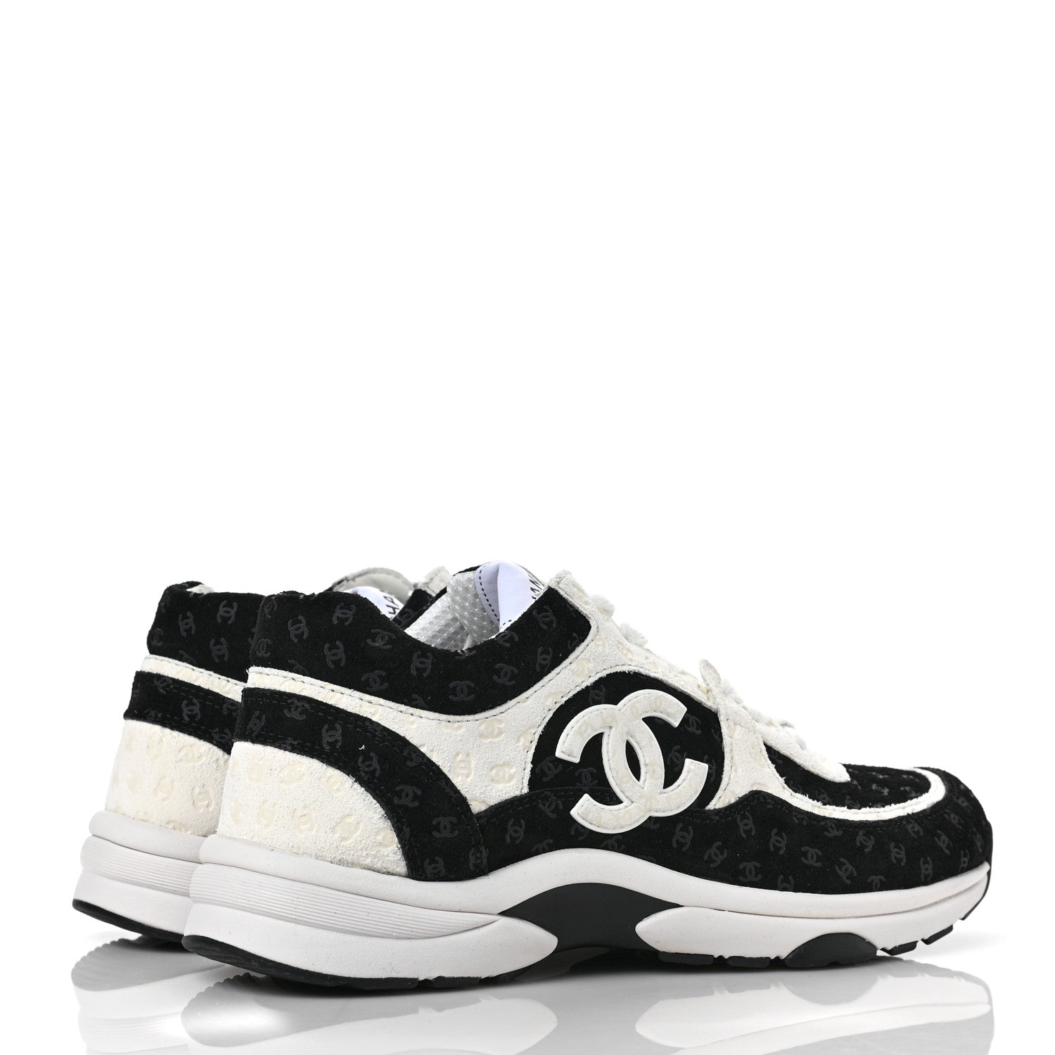 Chanel Suede Calfskin Printed CC Sneakers 38.5 Black White 4 of 9