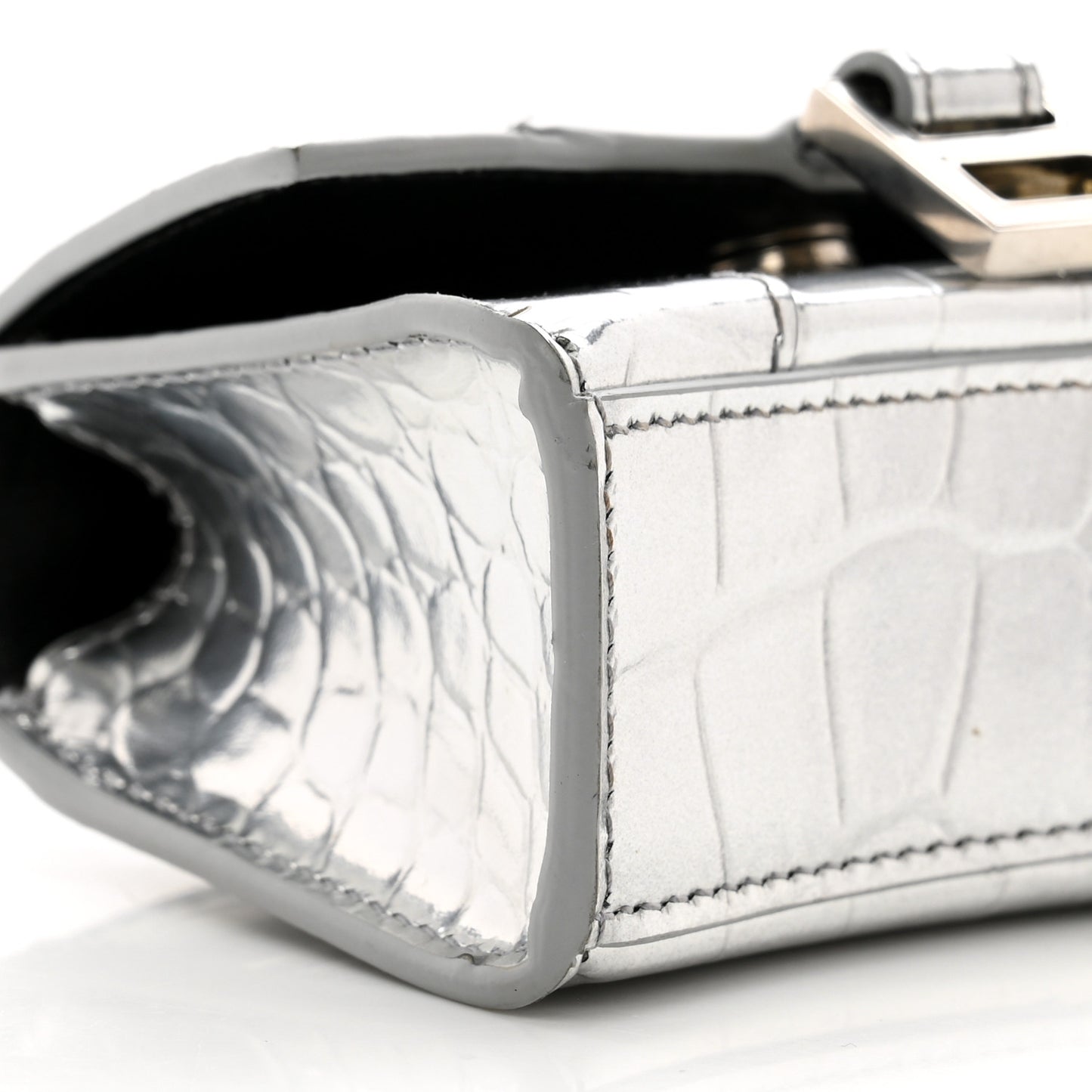 Metallic Calfskin Crocodile Embossed Hourglass Top Handle Bag Mini with Chain Silver