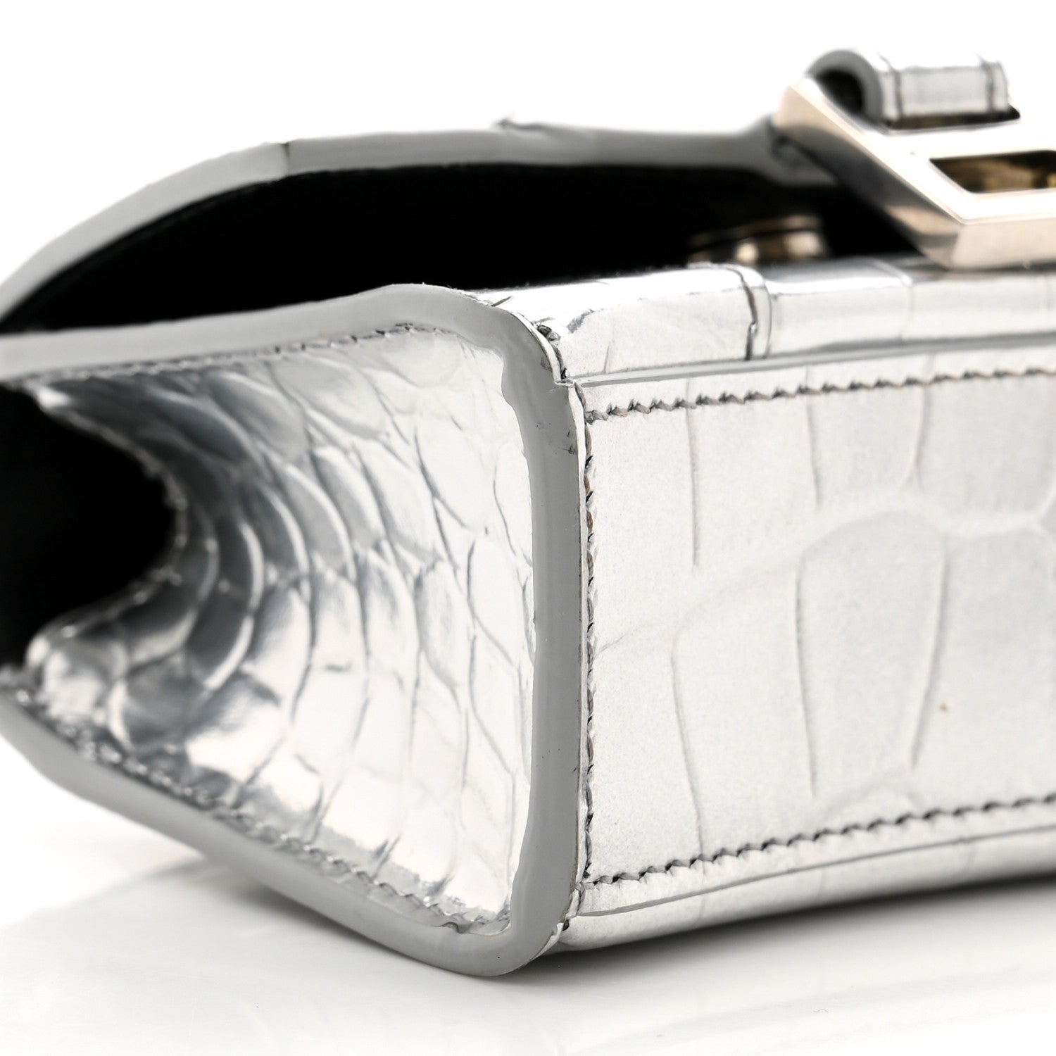 Balenciaga Metallic Calfskin Crocodile Embossed Hourglass Top Handle Bag Mini with Chain Silver 9 of 10