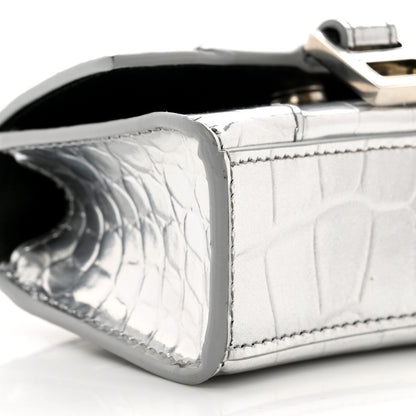 Balenciaga Metallic Calfskin Crocodile Embossed Hourglass Top Handle Bag Mini with Chain Silver 9 of 10