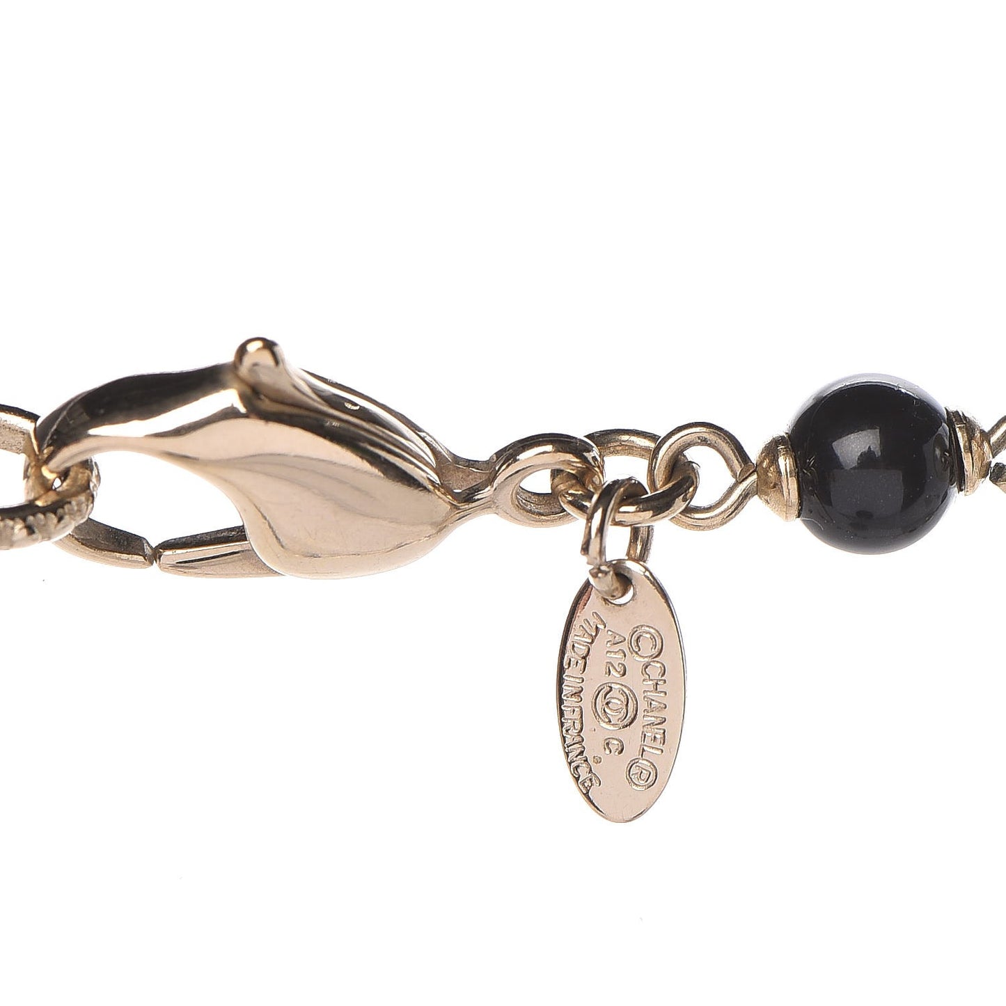 Pearl Bead Enamel CC Long Necklace Black Gold