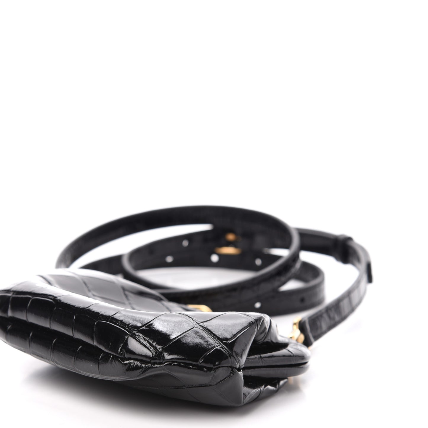 Shiny Supple Calfskin Logo Crocodile Embossed Cloud Coin Purse With Strap Black White