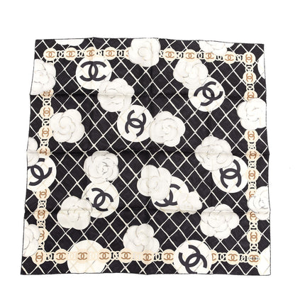 Chanel Silk CC Logo Camellia Scarf White Black 1 of 3