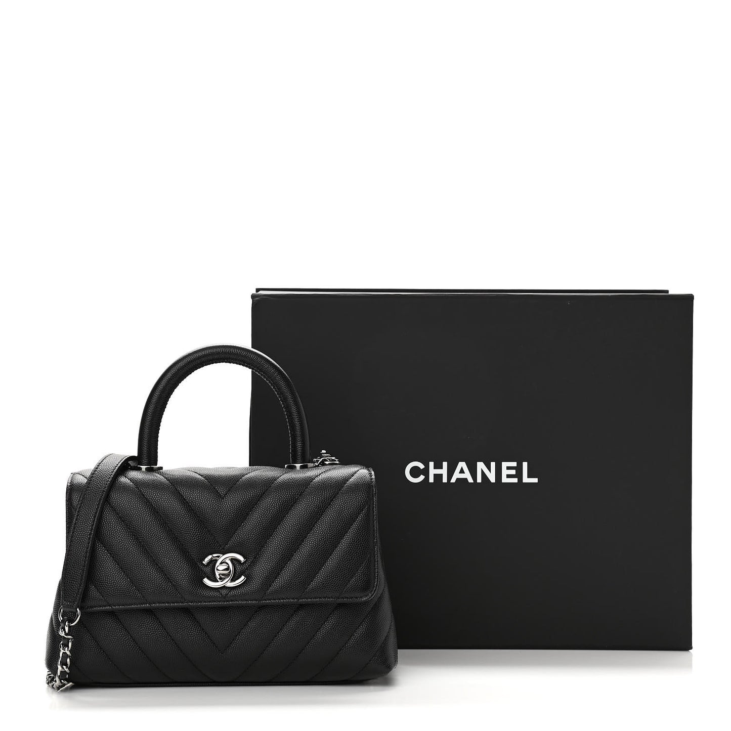 Caviar Chevron Quilted Mini Coco Handle Flap Black