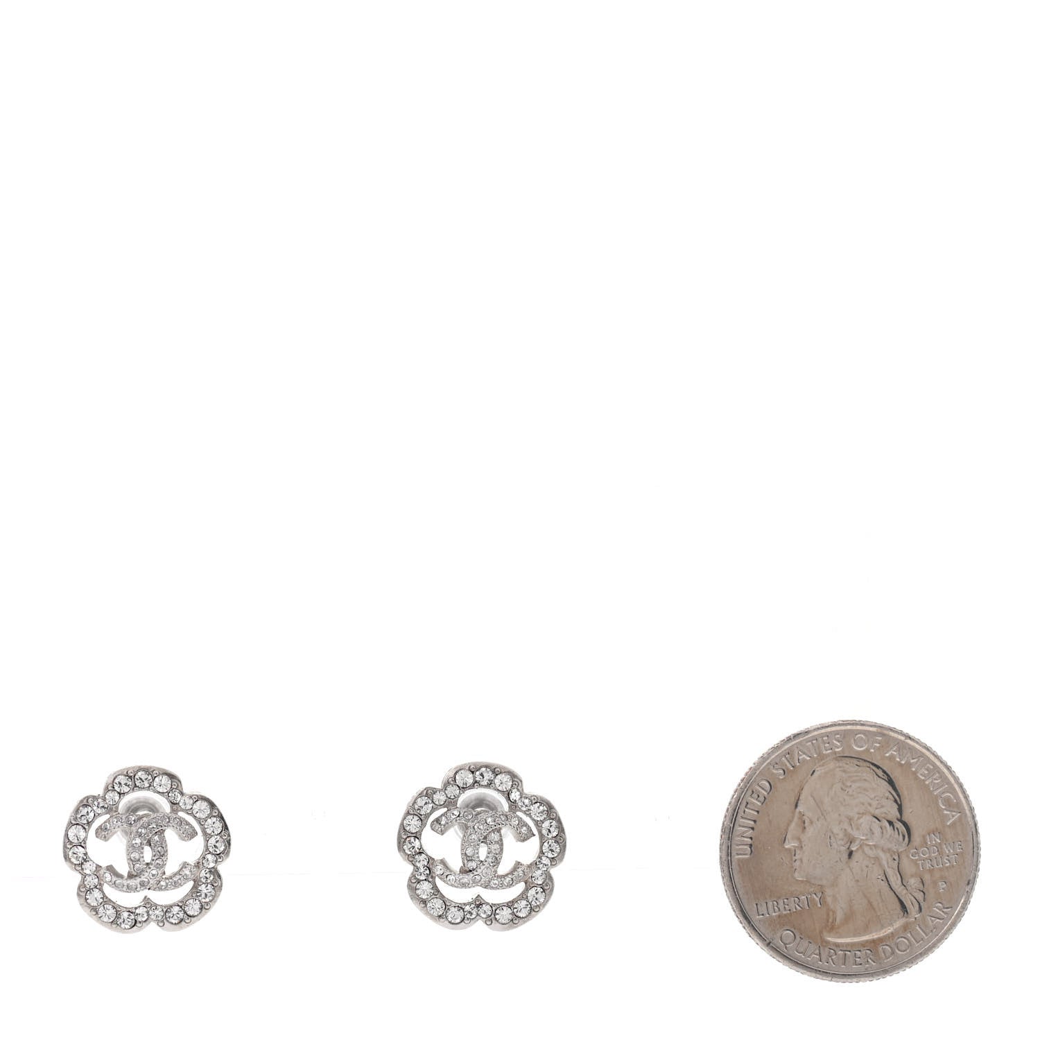 Chanel Crystal Coco Flapper Camellia CC Stud Earrings Silver 2 of 4