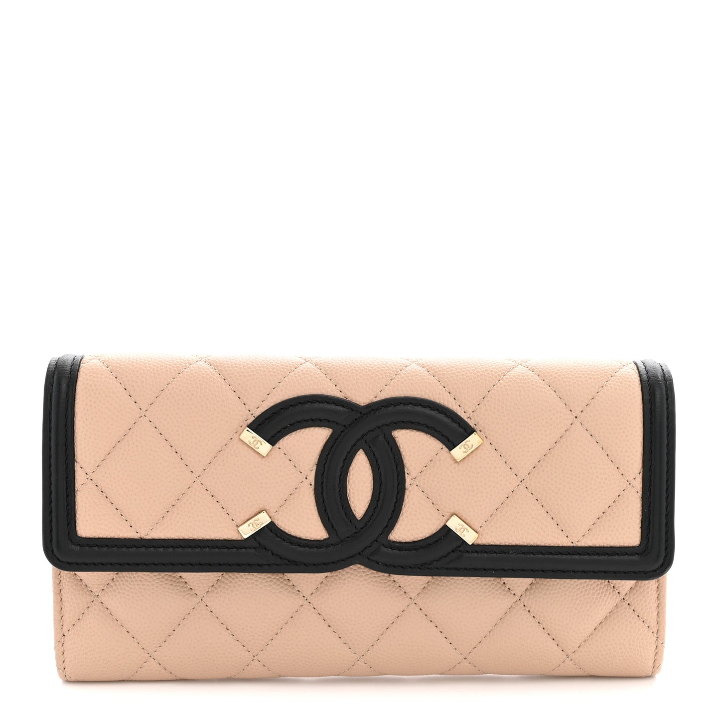 Caviar Quilted Filigree Large Gusset Flap Wallet Beige Black