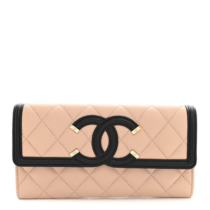 Chanel Caviar Quilted Filigree Large Gusset Flap Wallet Beige Black 1 of 9