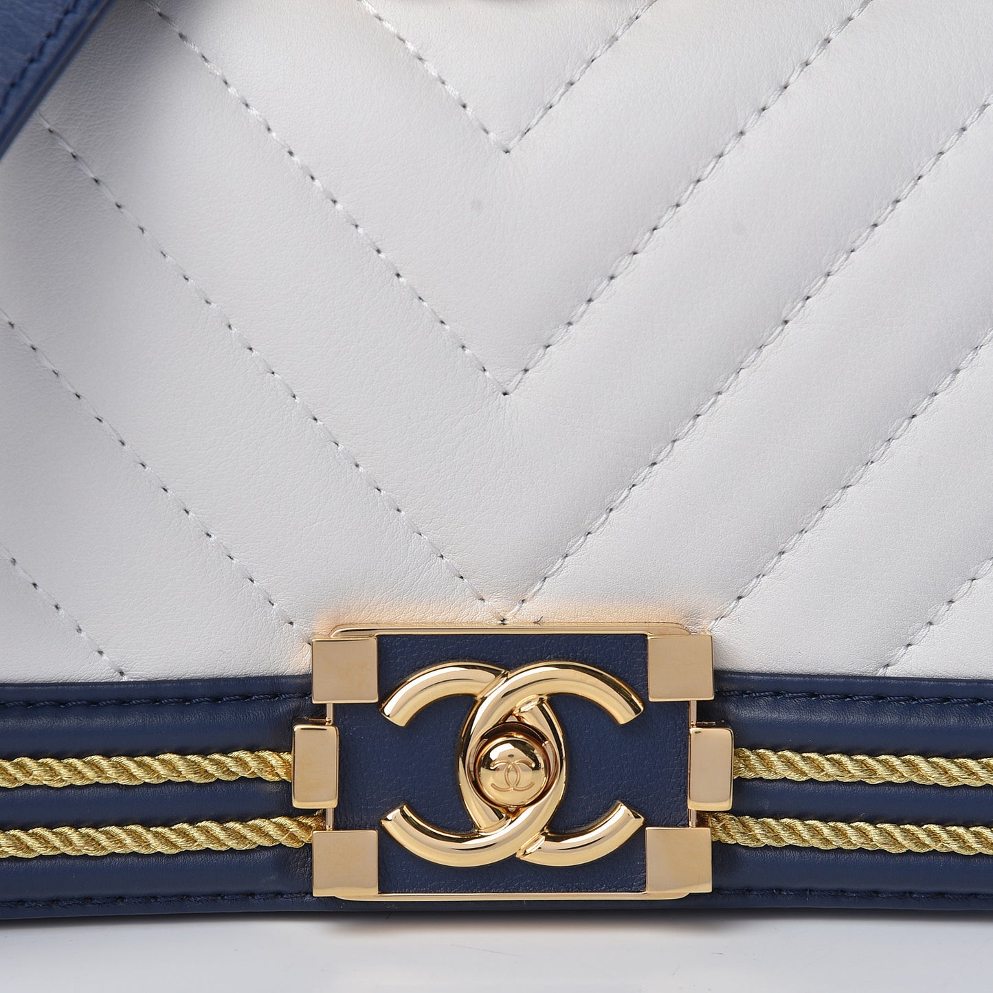 Calfskin Chevron Quilted Braided Small Boy Flap White Navy