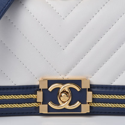 Chanel Calfskin Chevron Quilted Braided Small Boy Flap White Navy 8 of 12