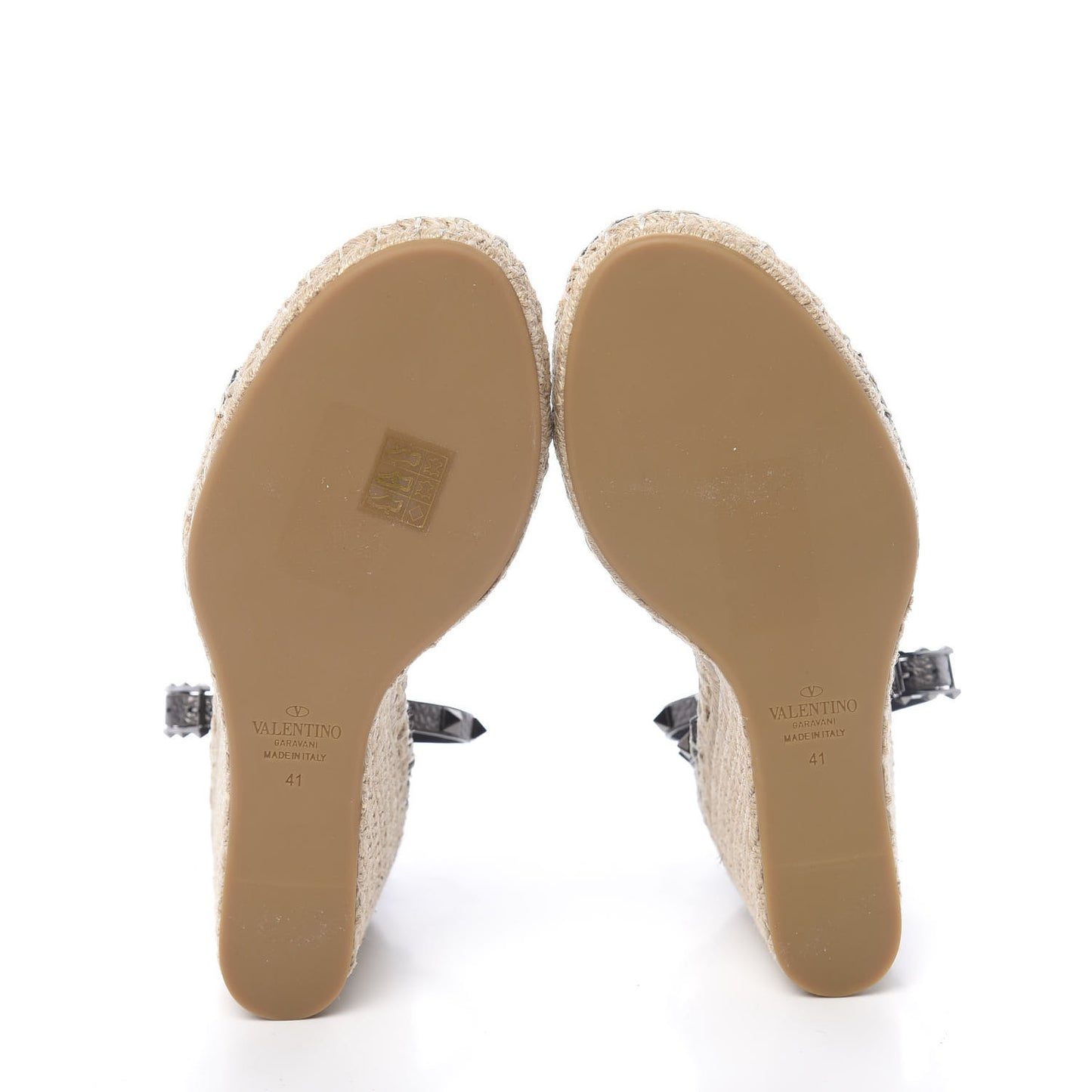 Metallic Grained Calfskin Rockstud Ankle Strap Espadrille 15/105mm Wedge Sandals 41 Rutenio Natural