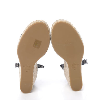 Valentino Garavani Metallic Grained Calfskin Rockstud Ankle Strap Espadrille 15/105mm Wedge Sandals 41 Rutenio Natural 5 of 10