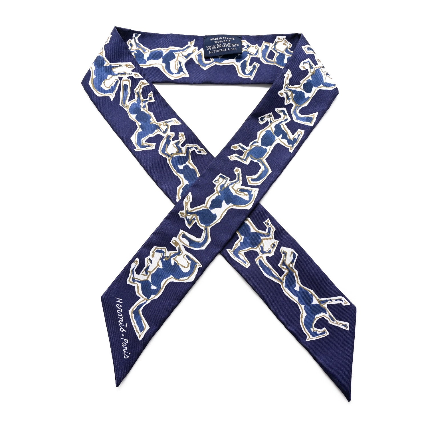 Hermes Silk Chevaux En Liberte Twilly Marine Indigo Blanc 1 of 4