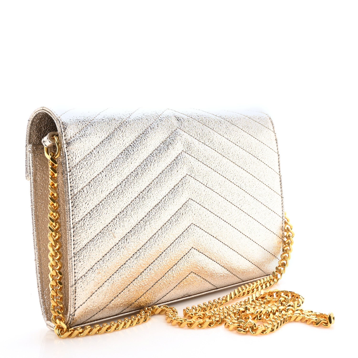 Saint Laurent Metallic Crackled Calfskin Matelasse Chevron Monogram Chain Wallet Gold 3 of 10