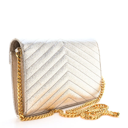 Saint Laurent Metallic Crackled Calfskin Matelasse Chevron Monogram Chain Wallet Gold 3 of 10