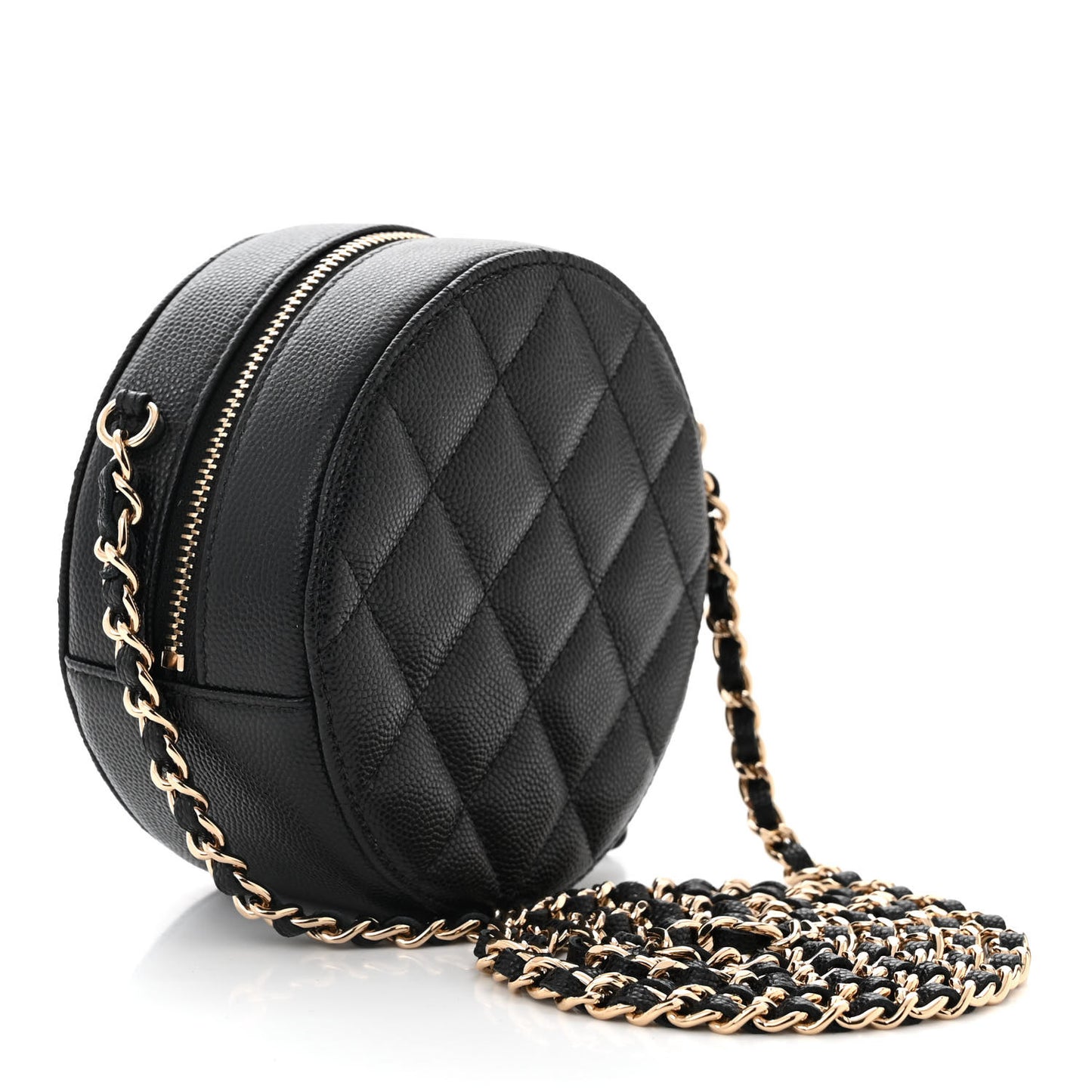 Caviar Quilted Round Clutch With Chain Black