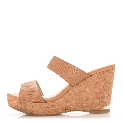 Jimmy Choo Calfskin Cork Parker Wedge 100 Sandals 38.5 Tan 1 of 12