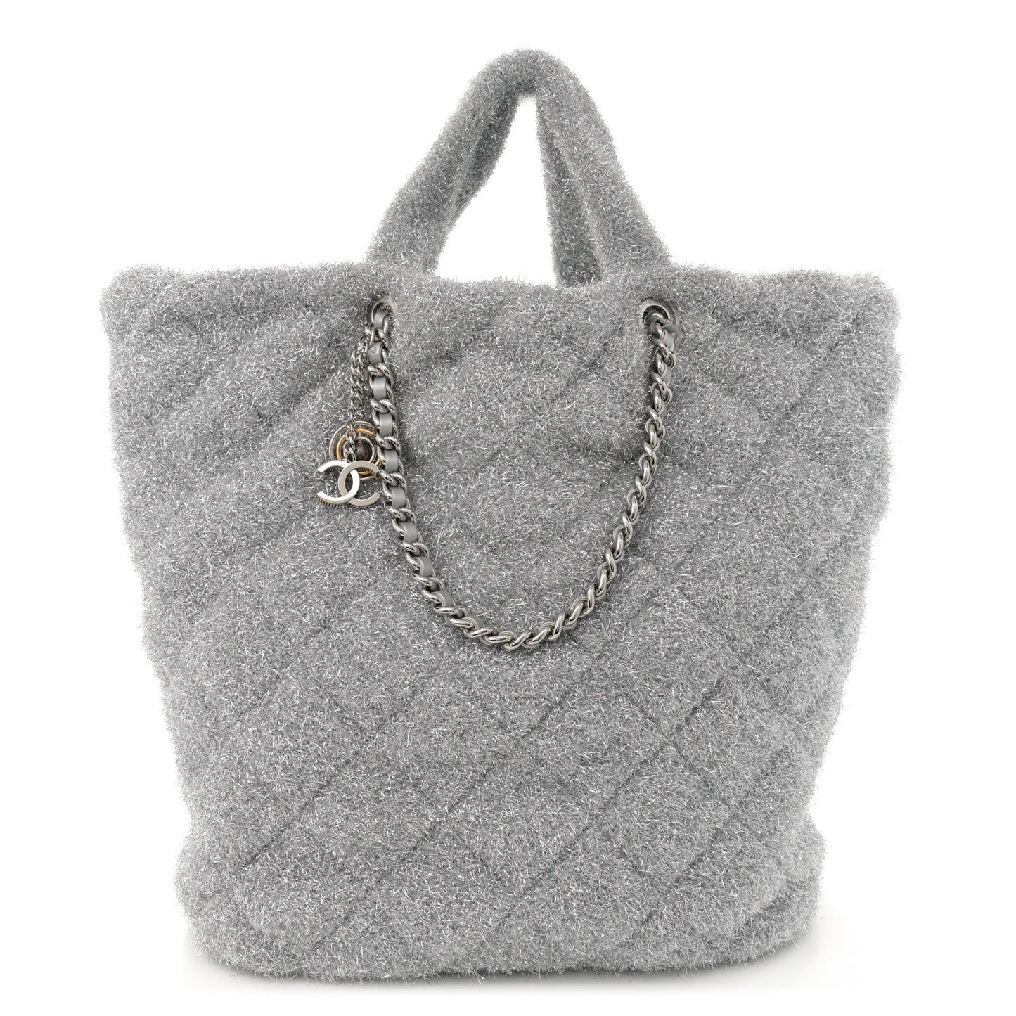 Knit Metallic Lambskin Large Shopping Tote Silver