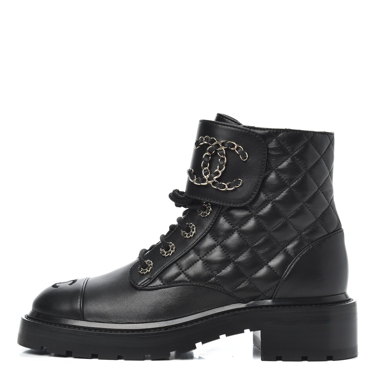 Shiny Lambskin Quilted Lace Up Combat Boots 37.5 Black