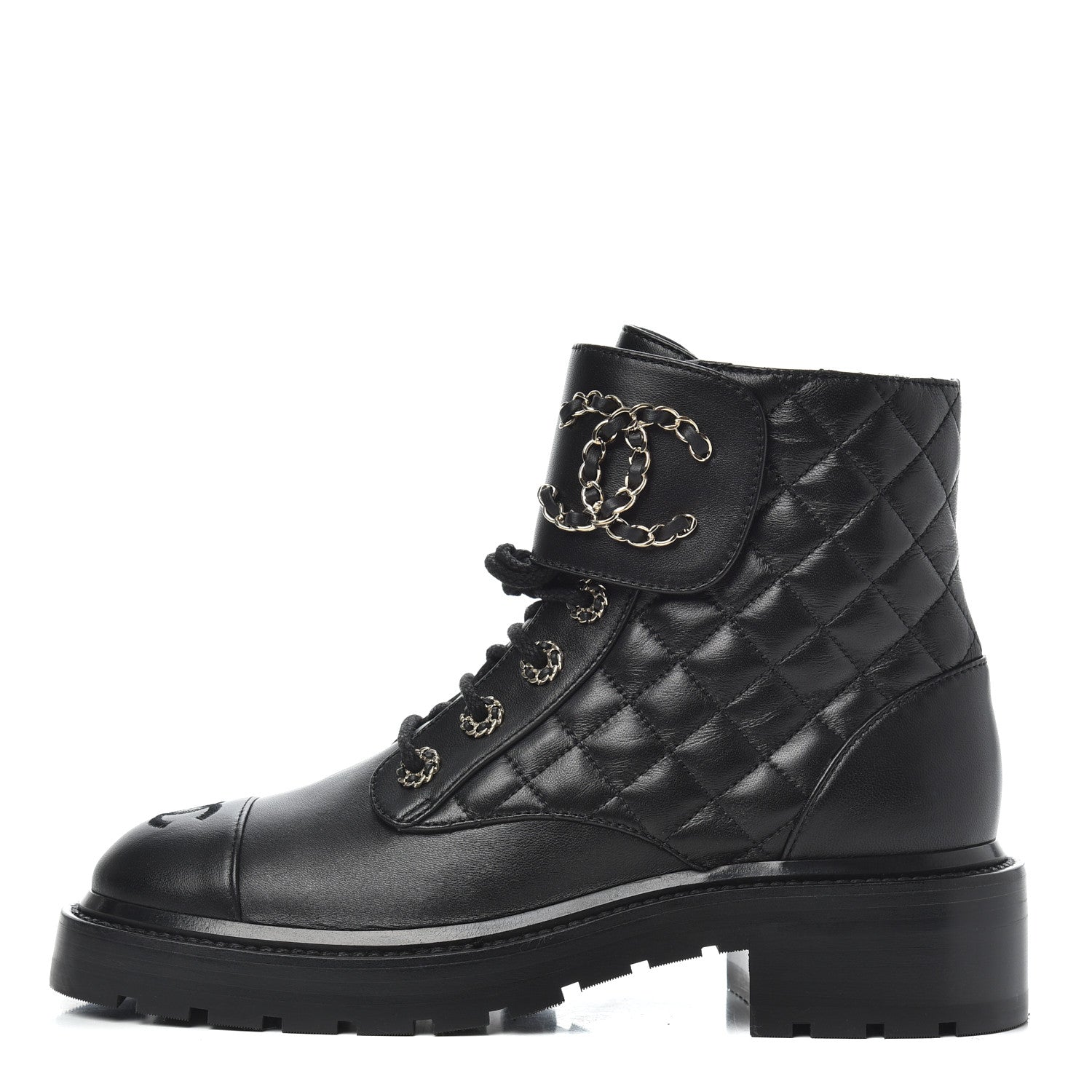 Chanel Shiny Lambskin Quilted Lace Up Combat Boots 37.5 Black 1 of 13