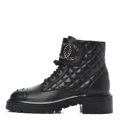 Chanel Shiny Lambskin Quilted Lace Up Combat Boots 37.5 Black 1 of 13