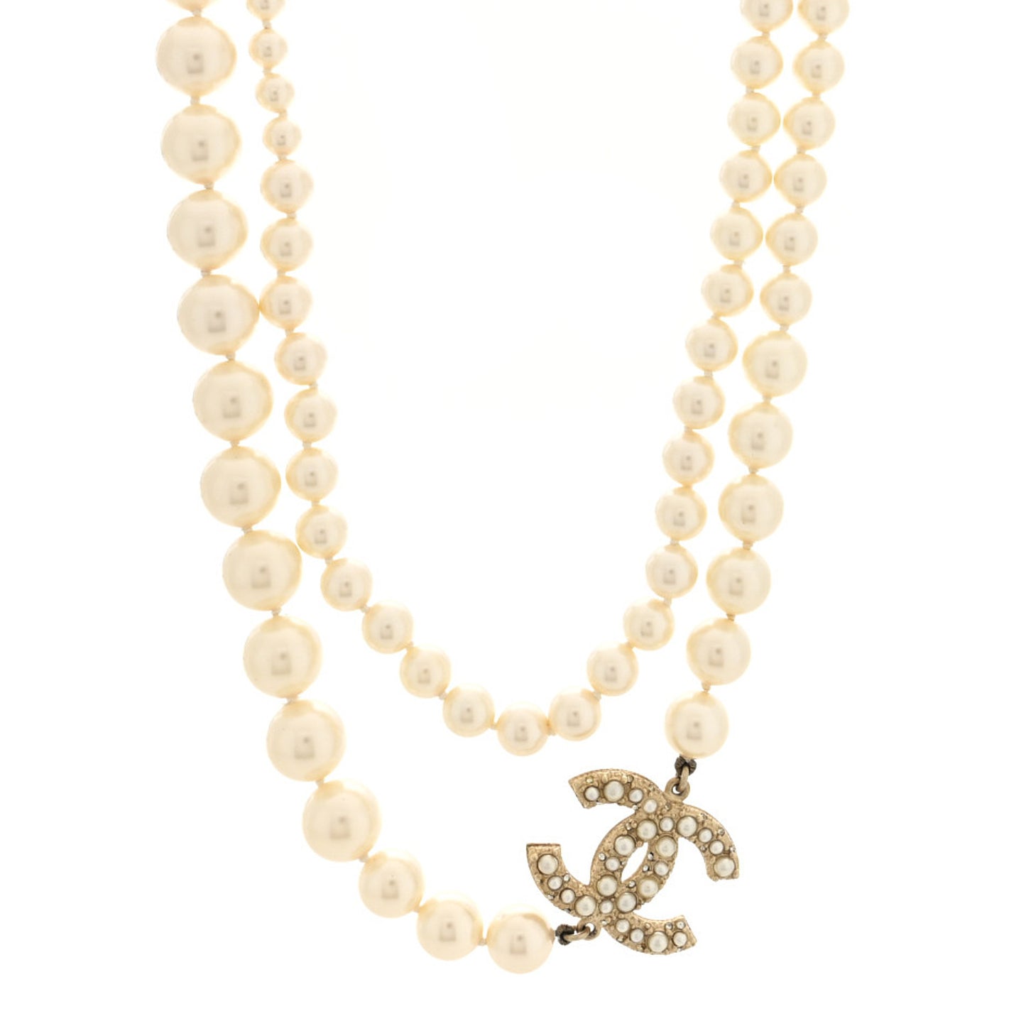 Crystal Pearl CC Long Necklace Gold