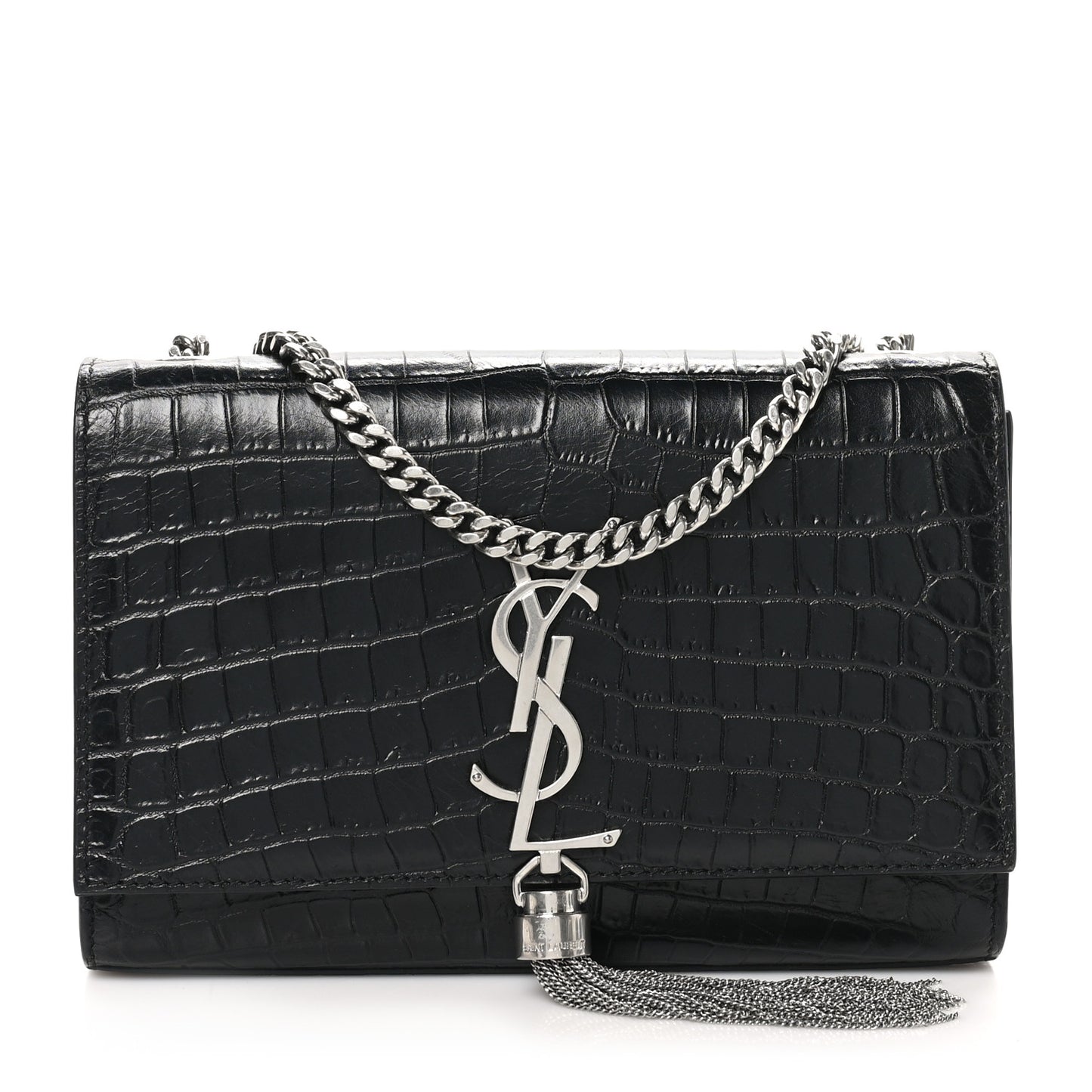 Calfskin Crocodile Embossed Small Classic Monogram Kate Tassel Satchel Black