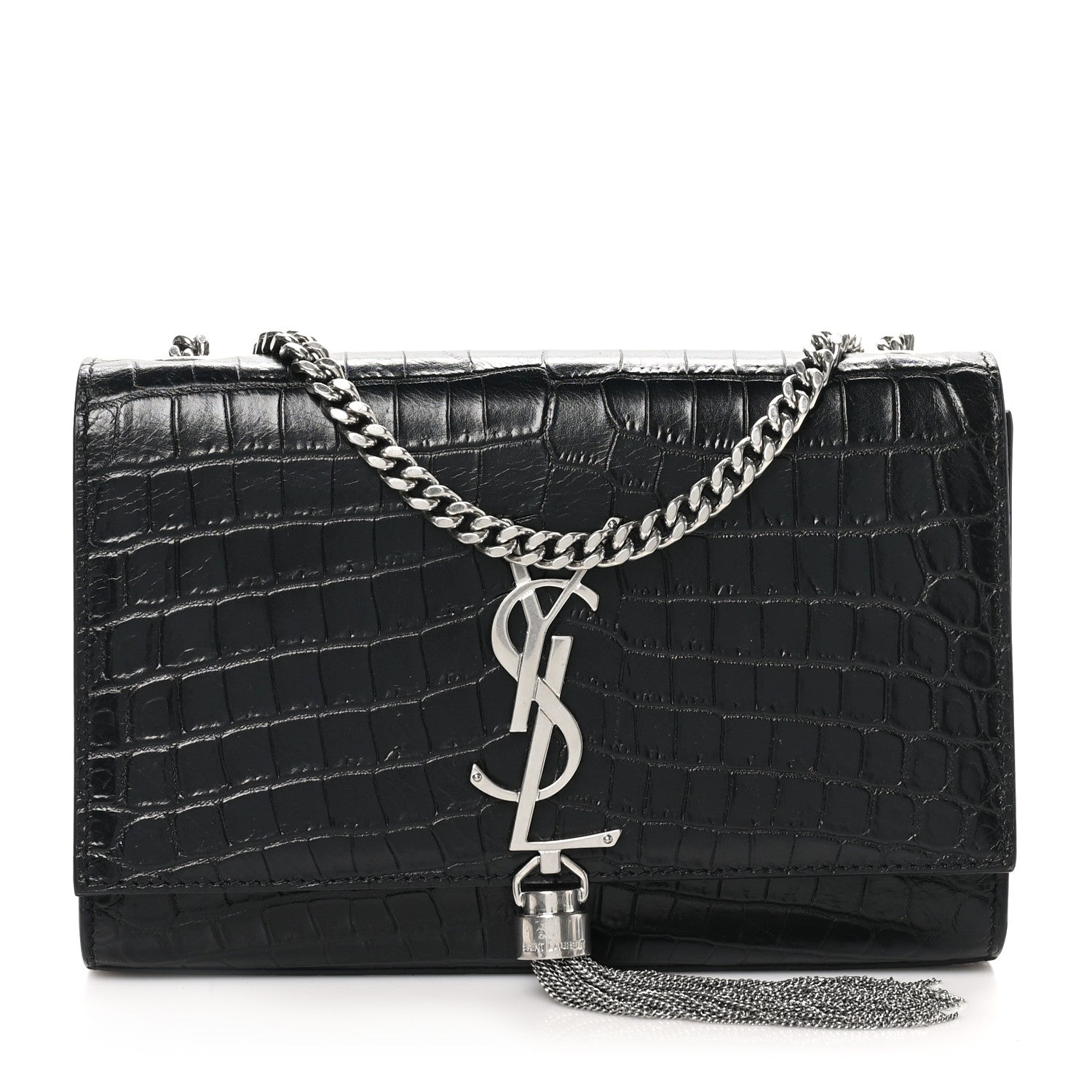 Saint Laurent Calfskin Crocodile Embossed Small Classic Monogram Kate Tassel Satchel Black 1 of 10