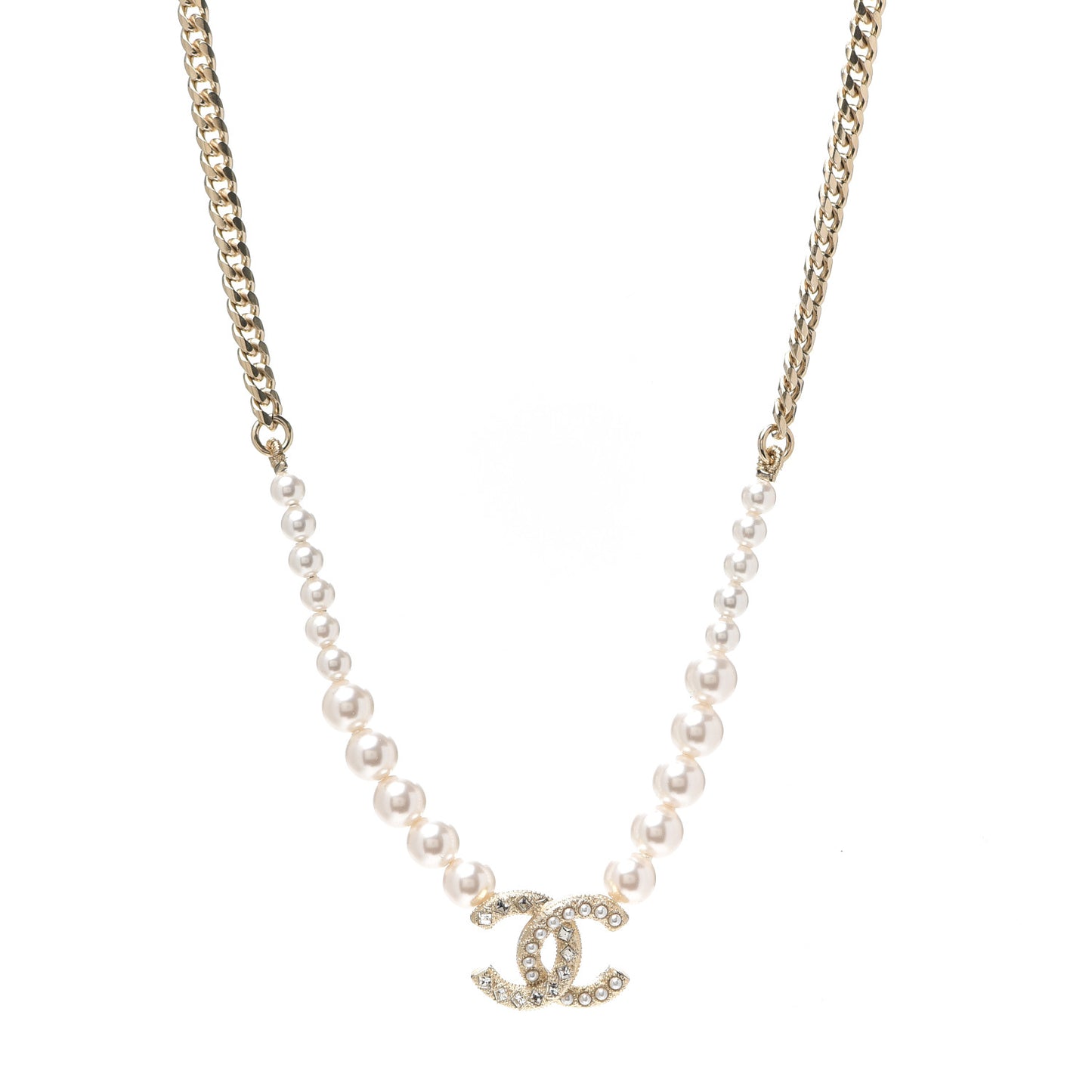 Pearl Crystal Chain CC Necklace Gold