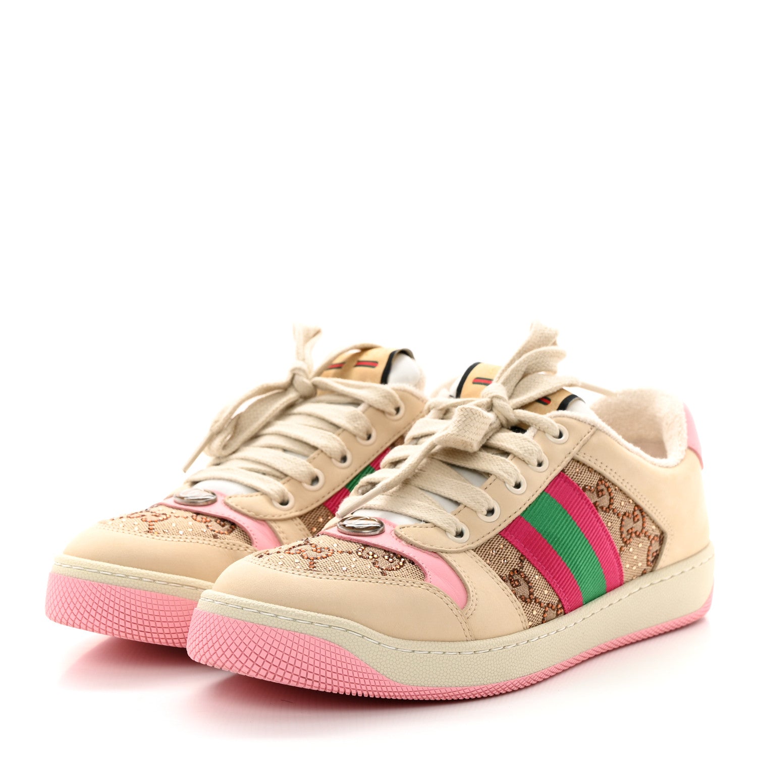 Gucci Calfskin GG Supreme Crystals Web Screener Sneakers 37.5 Beige Ebony Wild Rose 3 of 9