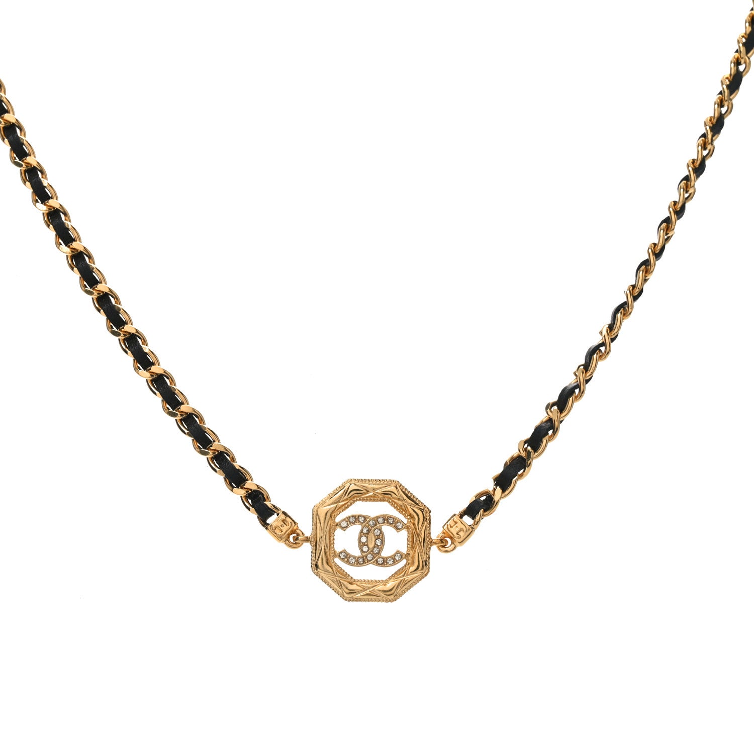 Chanel Metal Calfskin Crystal Chain CC Choker Necklace Black Gold 1 of 6