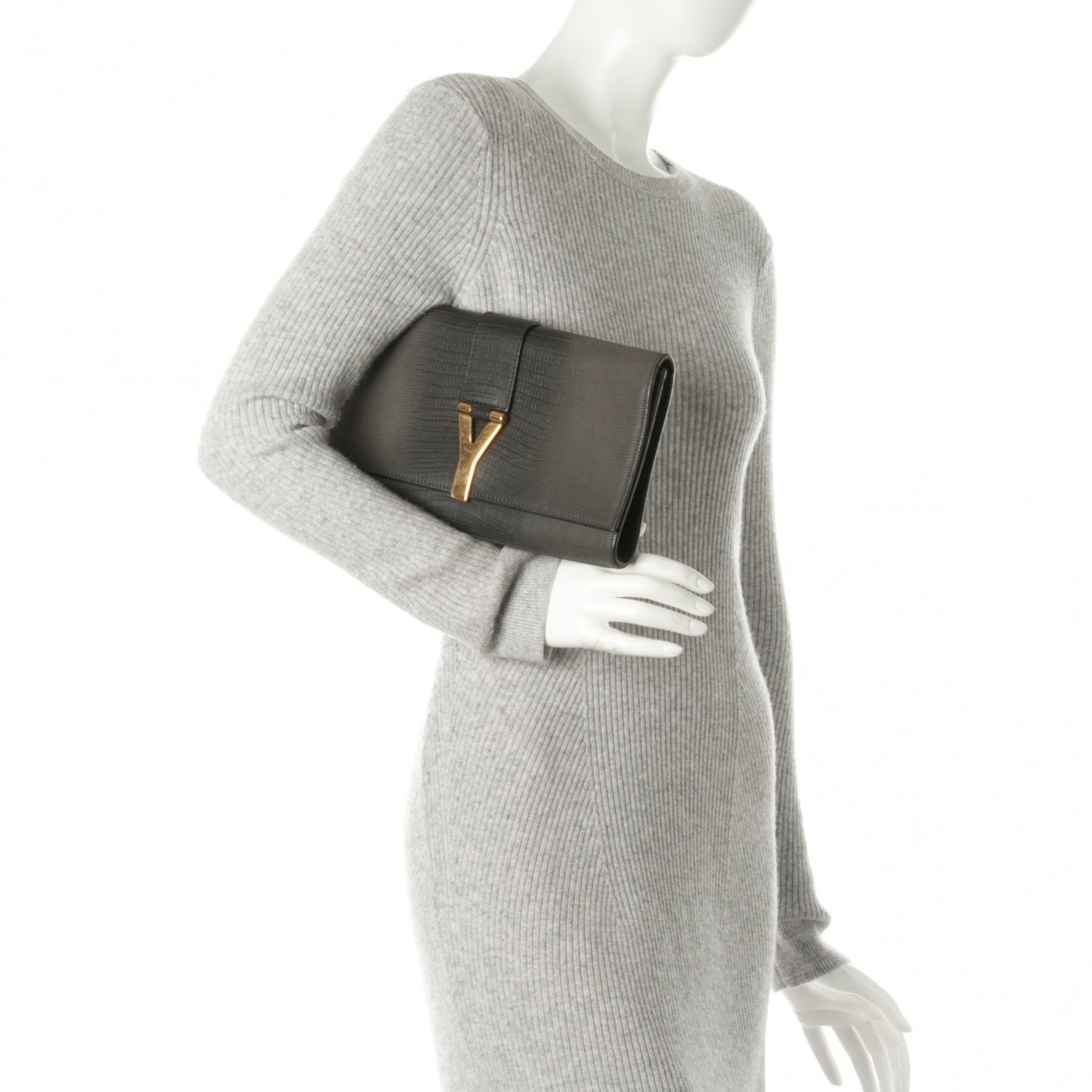 Lizard Calfskin Embossed Classic Y Ligne Clutch Gray