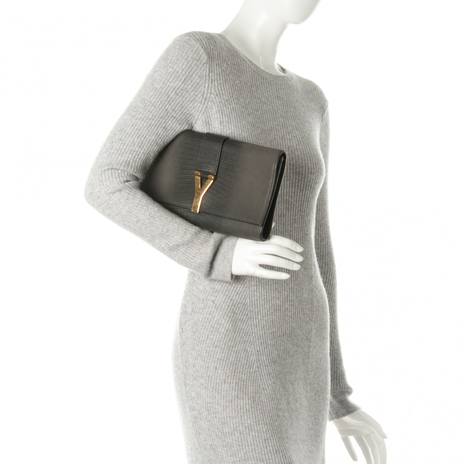 Saint Laurent Lizard Calfskin Embossed Classic Y Ligne Clutch Gray 2 of 7