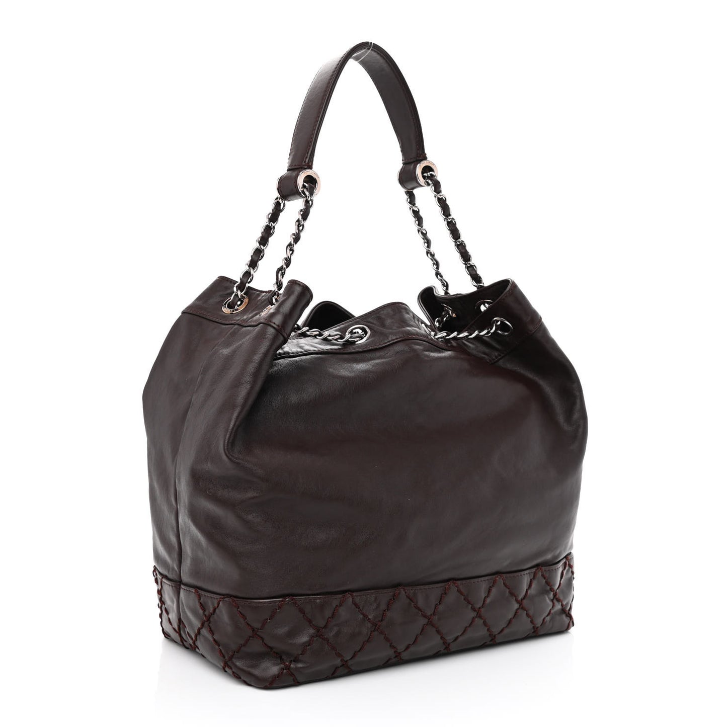 Calfskin Drawstring CC Bucket Bag Dark Brown